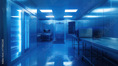 Cryofreeze chamber room laboratory with blue germicidal light. photo