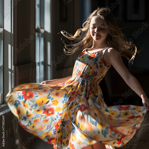 Sunlit Ballerina: Young Girl Dancing Joyfully in Vibrant Floral Dress Indoors, Twirl in Natural Light
