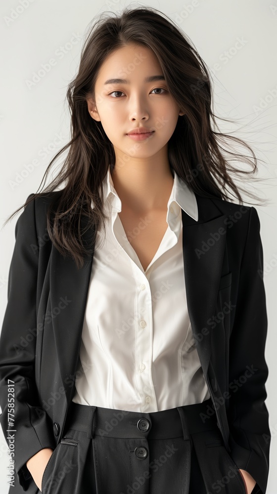 Young Asian business woman in black suit isolated on white background. Young Asian business woman in black suit isolated on white background.