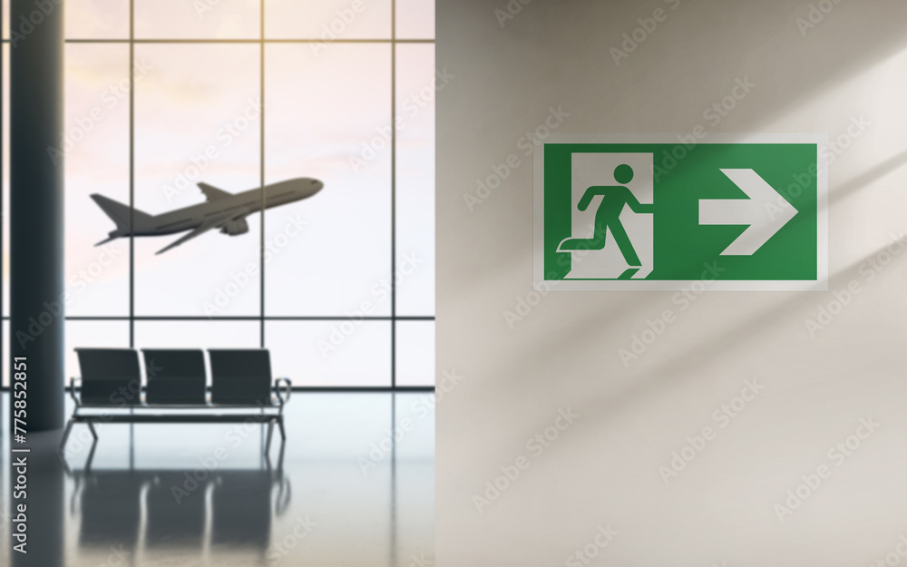 Emergency exit sign on the right hanging on the wall in the foreground ...