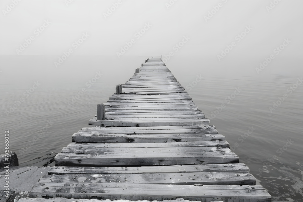 Obraz premium Serene Misty Pier Leading into Calm Lake Waters under a Grey Sky - A Peaceful Monochromatic Scene