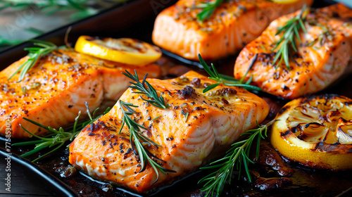 grilled salmon steak with herbs and lemons photo