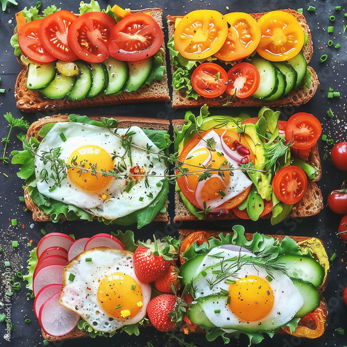 Healthy sandwiches with eggs, vegetables and herbs on dark background, top view. Flat lay © VICUSCHKA