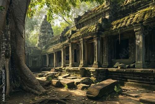 Majestic Angkor wat temple illustration. Asia ruin architecture monument face. Generate Ai photo