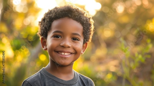 Young boy with a radiant smile standing against a textured light blue wall with a shadow of a tree branch on his face.. Beautiful simple AI generated image in 4K, unique.