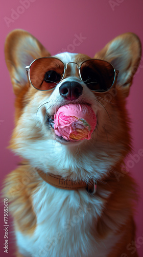 animale domestico cane corgi con occhiali da sole mentre mangia un gelato rosa alla fragola, adorabile cagnolino rosso lecca gelato, sfondo bubblegum rosa, photo