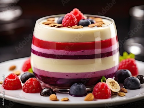 Panna cotta berry fitness dessert - four layers of milk jelly pudding and almond festa kajoo, coffee, banana and berry,,inluxuary resturant photo