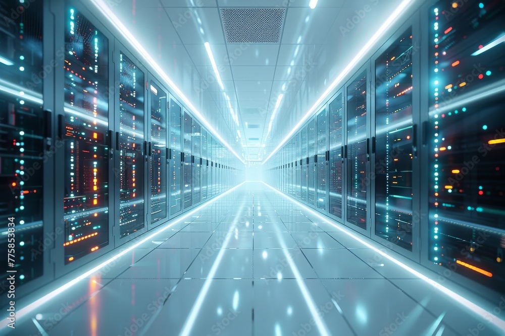 Obraz premium Data Center Server room. Futuristic network technology background