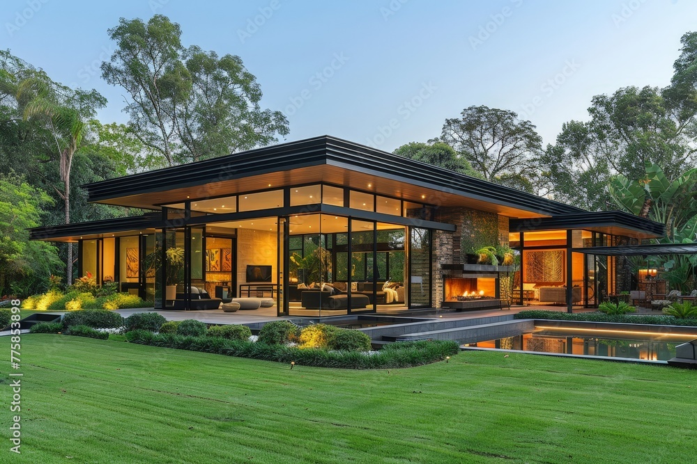 Modern flat roof house with sleek lines in a minimal architecture style Modern flat roof house with sleek lines in a minimal architecture style