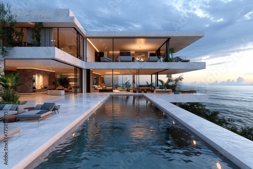 Luxury modern house with infinity pool and outdoor living area by the sea