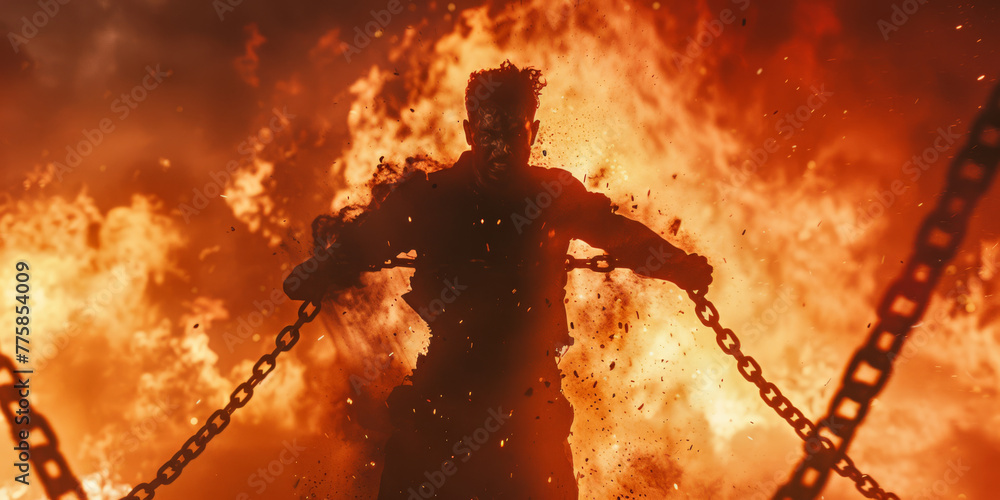 A man escapes from the chains, breaks the chains against the background of a fire and explosion. Freedom concept. - obrazy, fototapety, plakaty 