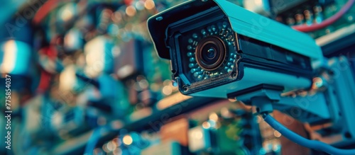 A camera mounted on a wall with a circuit board in the background photo