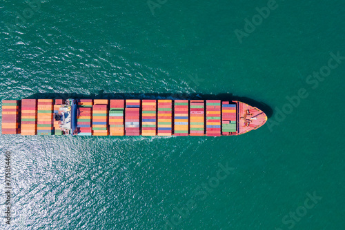the image provides a stunning aerial view of a bustling cargo ship port, where massive vessels dock and unload their precious cargo. photo