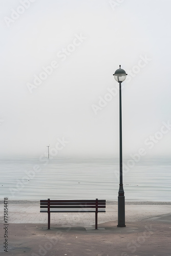 Tranquil Waterfront Scene with Bench and Lamppost in Misty Morning Light, Minimalist Urban Landscape