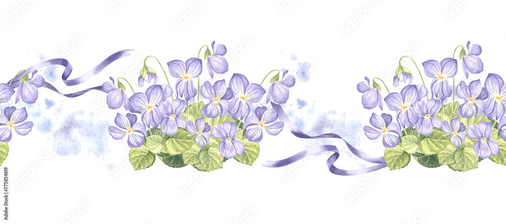 Wild violets with green leaves and ribbons seamless border. Hand drawn ...