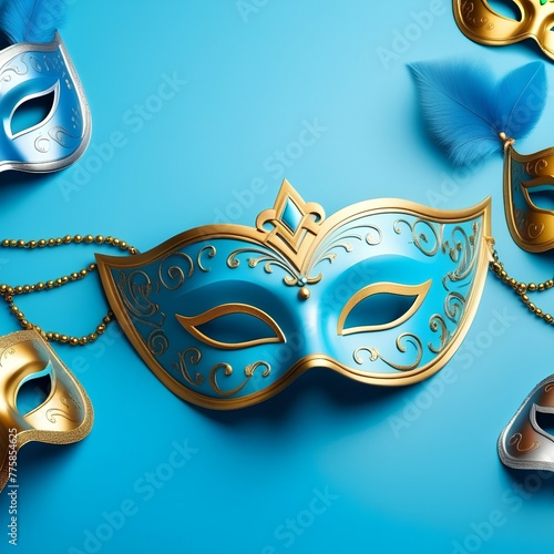 Purim banner with masks on light blue background. Tradition concept