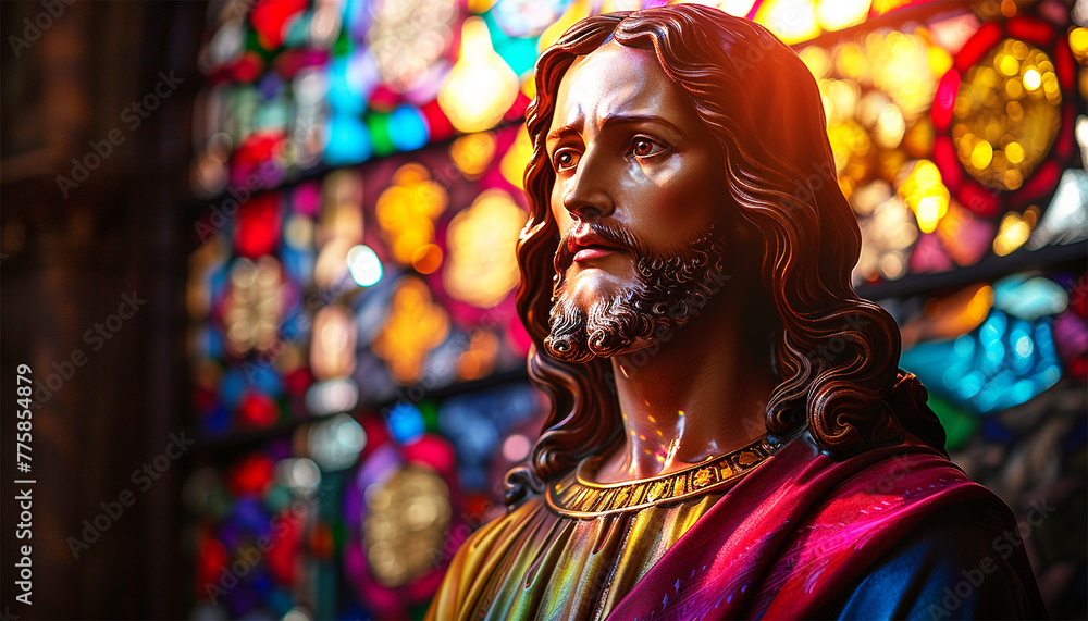 Jesus in church with The Sun's Rays Streaming Through Stained Glass Windows of The Cathedral, Blessing The Church With A Heavenly Light that Enters House Of The Lord. A Reminder Of God's Love Jesus in church with The Sun's Rays Streaming Through Stained Glass Windows of The Cathedral, Blessing The Church With A Heavenly Light that Enters House Of The Lord. A Reminder Of God's Love