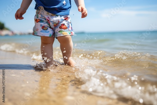 toddler paddling in shallow beach water in bright swim shorts