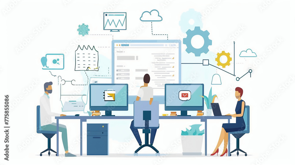 Business team working together remotely. flat illustration style, blue color optic, developers working together remotely and in on room Business team working together remotely. flat illustration style, blue color optic, developers working together remotely and in on room