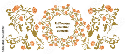 Art Nouveau floral frames, corners, and borders. Vector.
