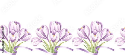 Violet crocuses with green leaves and ribbons seamless border. Hand drawn watercolor illustration spring saffron flower blossom. Template background for fabric  wallpaper  scrapbooking  cover  textile