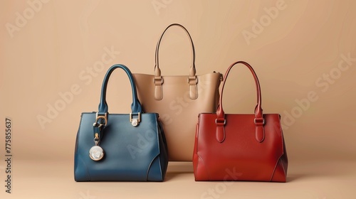 Stylish Women's Handbags on Beige Background