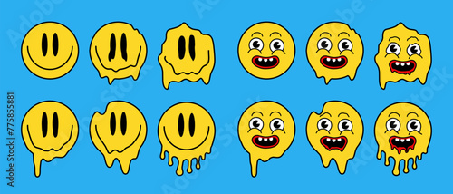 Funny melt smile faces set collection. Melted smile faces in trippy graffitie style. Cartoon face. Urban graffiti style. Vector EPS 10