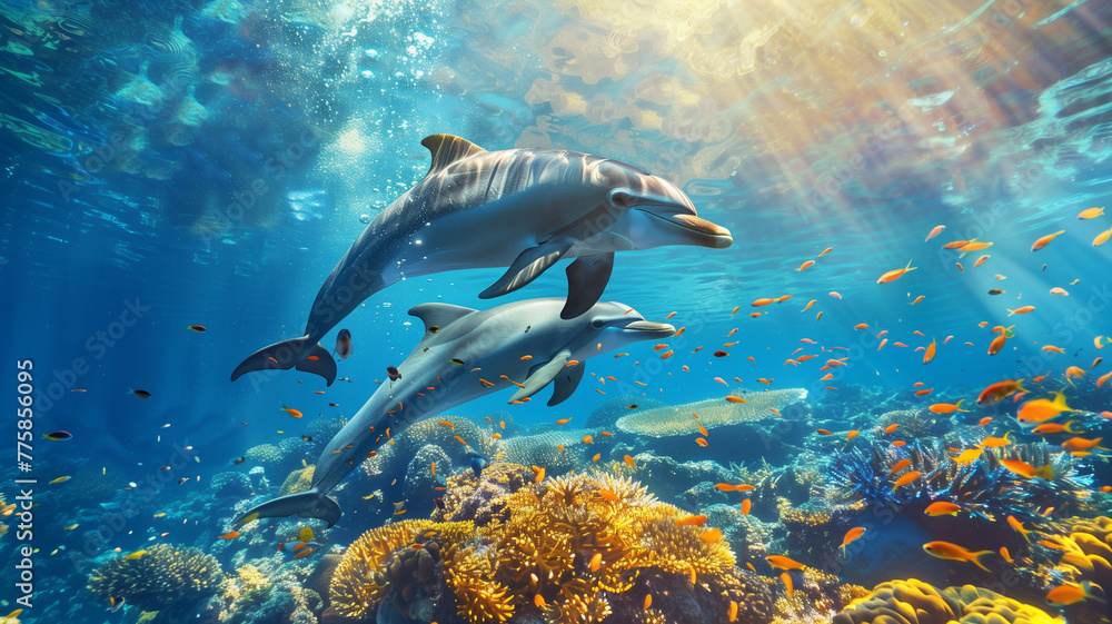A pair of dolphins under the water on the background of corals. Respect for nature A pair of dolphins under the water on the background of corals. Respect for nature