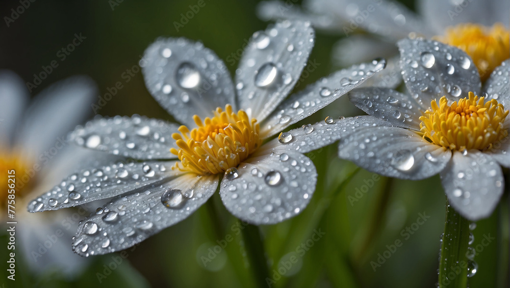 A close-up of a white daisy with yellow center and water droplets on the petals.
A close-up of a white daisy with yellow center and water droplets on the petals.