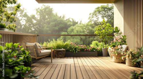 Beautiful of modern terrace with deck flooring and fence, green potted flowers plants and outdoors furniture. photo