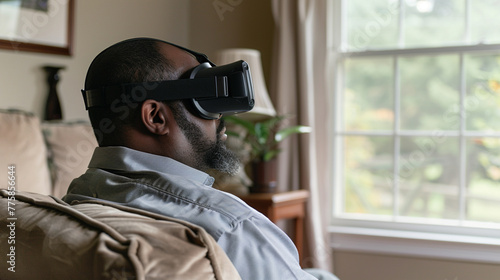 A man wearing a virtual reality headset is sitting on a couch