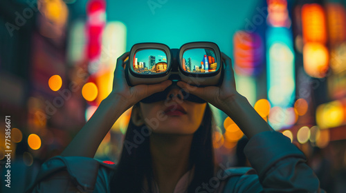 A woman wearing a pair of virtual reality goggles is looking at a cityscape