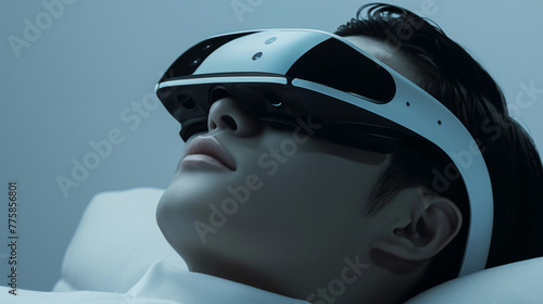 A man wearing a virtual reality headset is lying on a bed. Concept of relaxation and escape from reality, as the man is fully immersed in the virtual world