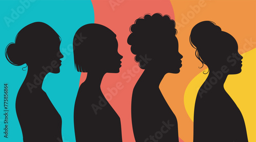 Vector black female silhouettes with different hairstyles and shapes. Women in profile on a bright colored background
