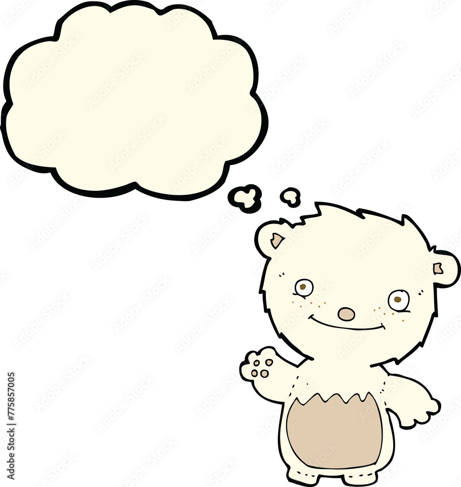 cartoon waving polar bear cub with thought bubble