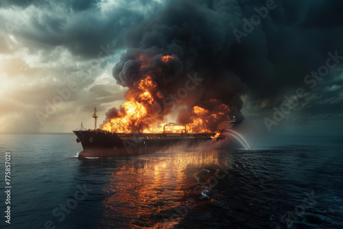 A ship with oil is on fire. An oil tanker is on fire in the ocean. Environmental protection concept.