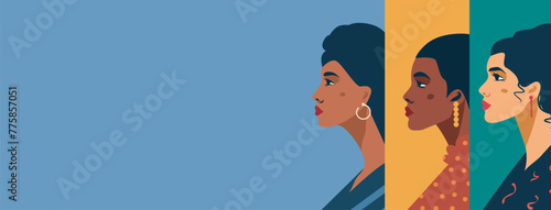 Vector flat banner, women of different nationalities and cultures. Feminist women. Free women. Concept of the movement for gender equality and women's empowerment