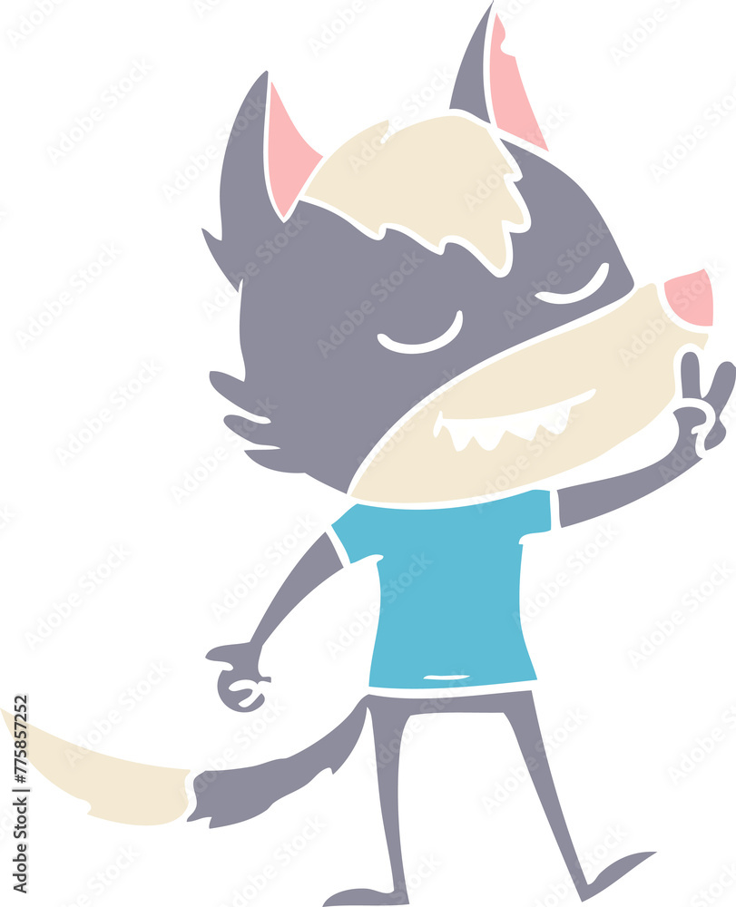 friendly flat color style cartoon wolf making peace sign friendly flat color style cartoon wolf making peace sign