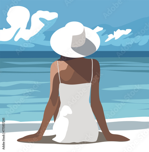 Vector flat illustration of a tanned woman on vacation in a white dress, wearing a hat on the beach, sitting pose, perspective from the back. Vector, flat illustration, flat design