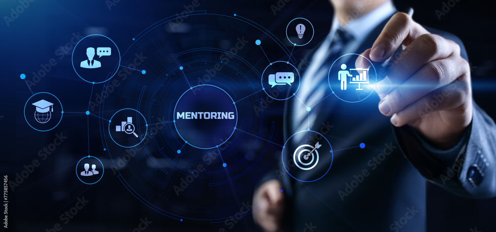 Mentoring coaching training personal development. Businessman pressing button on screen. Mentoring coaching training personal development. Businessman pressing button on screen.