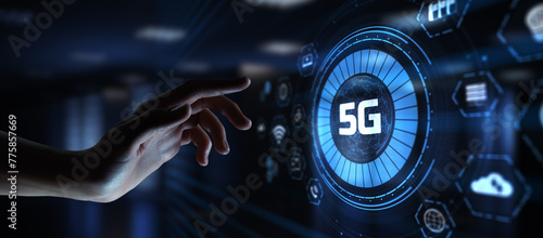 5G Fifth generation high-speed wireless internet connection telecommunication concept. Hand pressing button on screen.