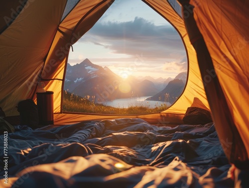 Morning wake up camping in the woods at lake view inside the tent photo