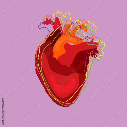 Vector design of a human heart with flat color and multiple colors line heart shapes. Square composition.