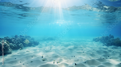 Crystal Clear Underwater Ocean View with Sunlight and Sand