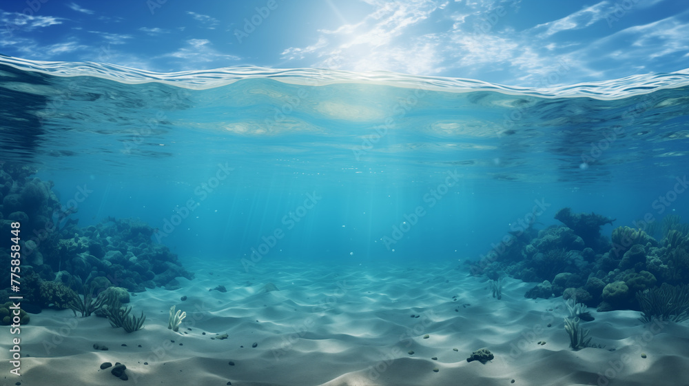 Calm Underwater Seascape with Sunlight and Coral Reefs