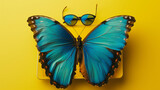 Schmetterling Draufsicht mit Sonnenbrille für Urlaub davor liegend freigestellt von oben isoliert einfarbiger Hintergrund Generative AI