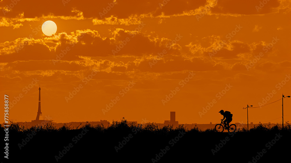 A man is riding a bicycle in front of a large tower. The sky is orange and the sun is setting
