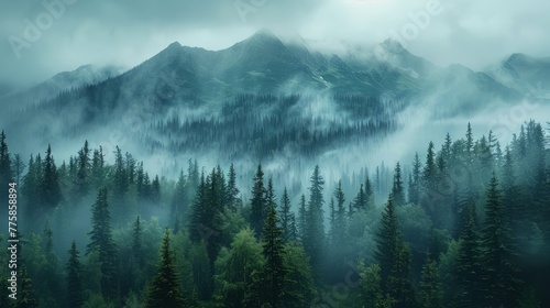 Misty mountain forest landscape in the morning 