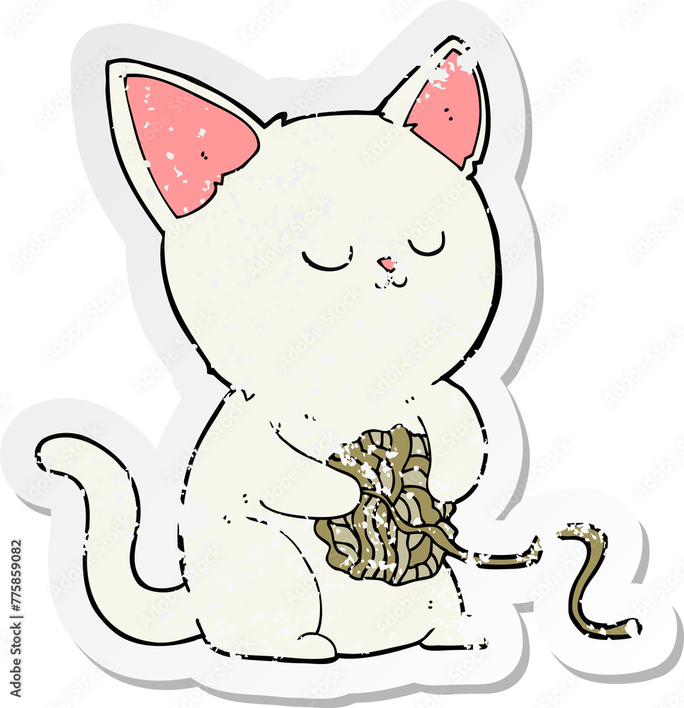 Naklejka premium retro distressed sticker of a cartoon cat playing with ball of yarn