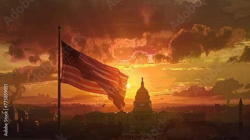 USA America flag at sunset on Washington DC photo